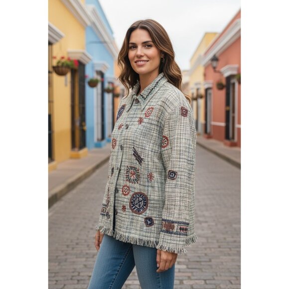 CHICO'S Womens Size 1 Green Multicolored Bohemian Embroidery Short Green Jacket - Picture 1 of 16